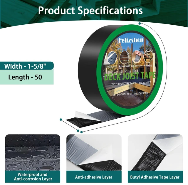 Alt view image 2 of 7 - Joist Tape, 1-5/8" x 50' Deck Joist Tape, Waterproof Butyl Tape, Self-Adhesive Deck Butyl Tape, Butyl Flashing Tape,Joist Tape Decking for Protect Beams and Wood Decks (8 Rolls)