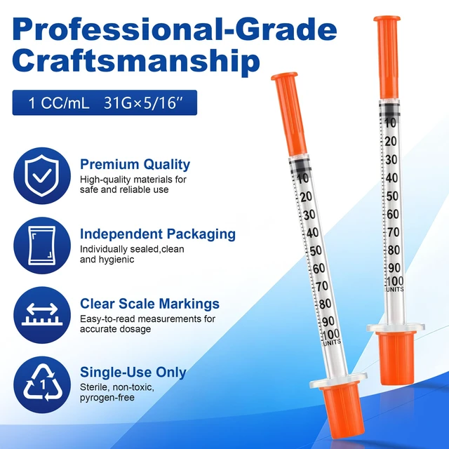 Alt view image 2 of 5 - 100 Pack 1 ml/cc Syrings, 31G x 5/16 (8mm),Individually Wrapped Single-Use Design | Easy-to-Read Scale | Leak-Resistant Plunger | Reliable Dispensing | Multi-Purpose Applications