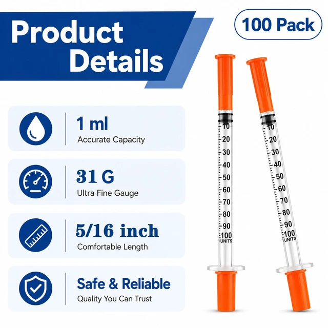 Alt view image 3 of 5 - 100 Pack 1 ml/cc Syrings, 31G x 5/16 (8mm),Individually Wrapped Single-Use Design | Easy-to-Read Scale | Leak-Resistant Plunger | Reliable Dispensing | Multi-Purpose Applications