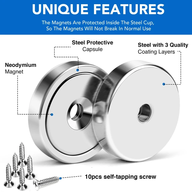 Alt view image 4 of 7 - Magnet 150LB+ Neodymium Cup with Super Strong Attraction Heavy Duty Pot Magnets with Hole for Mounting Rare Earth Magnet with Screw for Hanging Office Craft 10 Pack