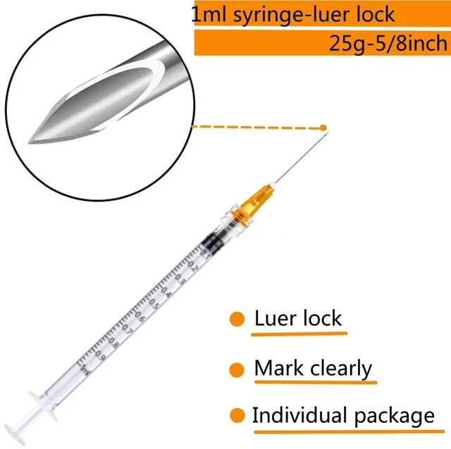 Alt view image 2 of 5 - 100 Pack 1ml 25 Gauge 5/8 Inch, for Scientific Labs, Industrial Dispensing and Liquid Measuring Supplies, Individually Sealed Packaging