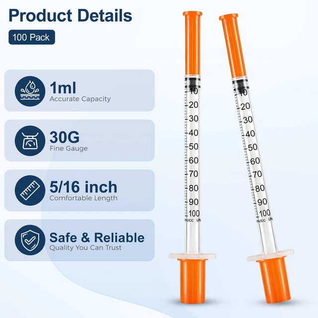 Alt view image 2 of 5 - 100 Pack 1 ml/cc Syrings, 30G x 5/16 inch (8mm), Individually Wrapped Single-Use Design | Easy-to-Read Scale | Leak-Resistant Plunger | Reliable Dispensing | Multi-Purpose Applications