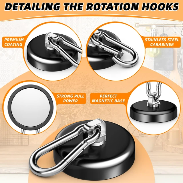 Alt view image 5 of 7 - Heavy Duty Magnetic Hooks, 170 LBS Magnet Hooks for Hanging, 4 Pack Magnetic Hooks with Swivel Carabiner, Strong Magnetic Hooks for Office Locker, Workplace