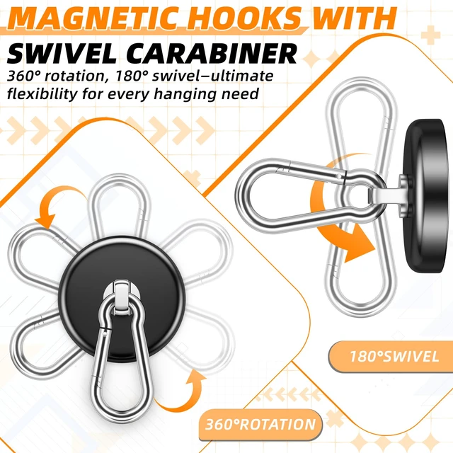 Alt view image 6 of 7 - Heavy Duty Magnetic Hooks, 170 LBS Magnet Hooks for Hanging, 4 Pack Magnetic Hooks with Swivel Carabiner, Strong Magnetic Hooks for Office Locker, Workplace