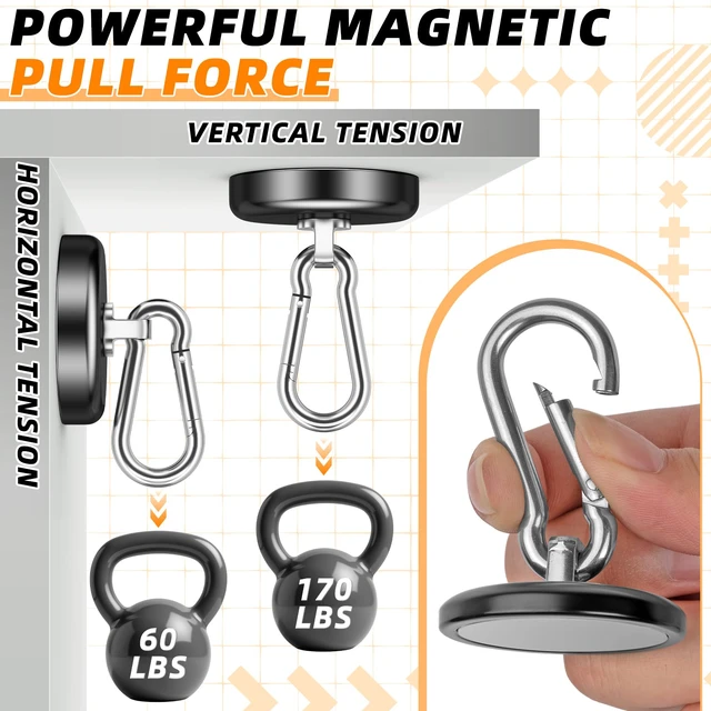 Alt view image 7 of 7 - Heavy Duty Magnetic Hooks, 170 LBS Magnet Hooks for Hanging, 4 Pack Magnetic Hooks with Swivel Carabiner, Strong Magnetic Hooks for Office Locker, Workplace