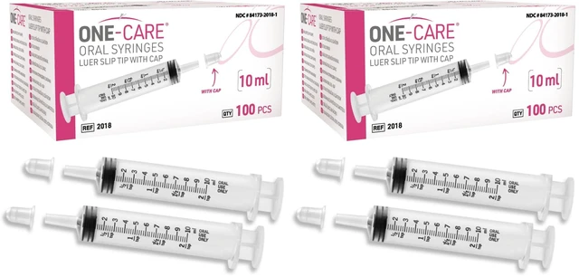 Main image of Pack of 200, 10ml Oral Syringe with Cap, Latex-free, 100 Oral Dispensers - 10ml, Prolonged Slip Tip, Uses include oral administration of medicine for infants, adults and animals