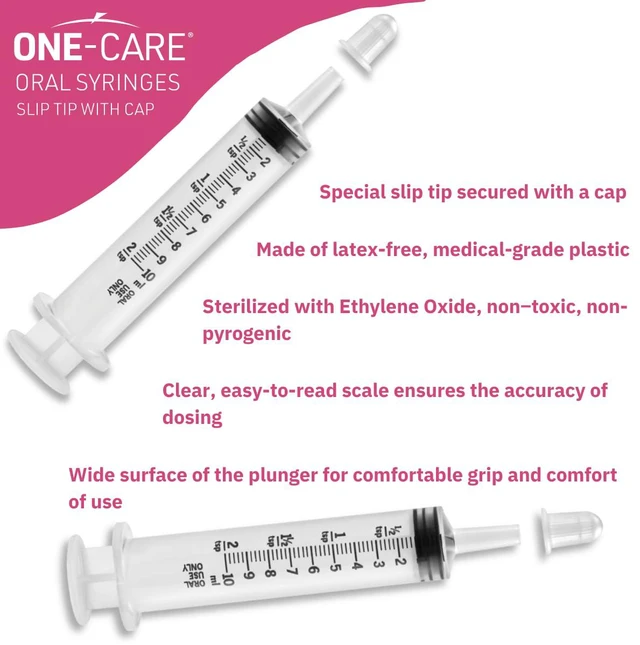 Alt view image 3 of 7 - Pack of 200, 10ml Oral Syringe with Cap, Latex-free, 100 Oral Dispensers - 10ml, Prolonged Slip Tip, Uses include oral administration of medicine for infants, adults and animals