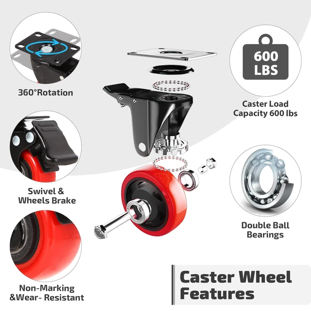 Alt view image 4 of 7 - 2 Inch Heavy Duty Casters Wheels (16 Pack), Top Plate Castor Wheels with Brake, 360 Degree Durable Locking Swivel Cabinet Wheels, No Noise Polyurethane Wheels for Cart, Workbench