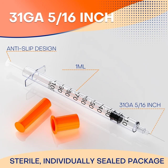 Alt view image 2 of 6 - U-100 Syringe with 31G 5/16" (8MM), 1cc 31 Gauge, 100 Pcs/Box Disposable Individual Sterile Packaged