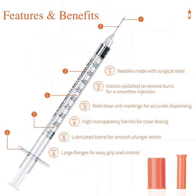 Alt view image 3 of 6 - 1ml U-100 Syringe with Needle, 31G 1cc 5/16-Inch (8mm), Pack of 100 Lab Measuring Supplies,Individually Wrapped