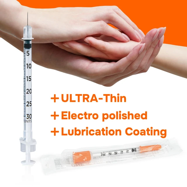 Alt view image 6 of 7 - Syringe 0.3 ml/cc, 31G x 5/16" (8mm), Orange Cap, 100pcs/bx Fine Tip, Home & Lab Use, Clear Barrel, Bold Scale, Smooth Plunger Movement & back-end stopper, Leak-Proof Design
