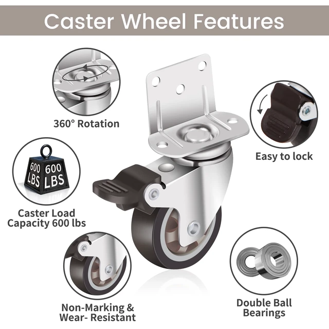 Alt view image 4 of 7 - Side Mount Casters 2 Inch L-Shaped Small Rubber Caster Set of 4, Ball Bearing 360 Degree Plate Swivel Castors Wheel 600 LBS, Casters Wheels for Furniture, Baby Bed, Kitchen, Cabinet, Table
