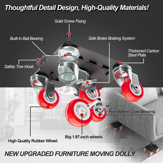 Alt view image 2 of 7 - Furniture Dolly 5 Wheels Heavy Duty with Removable Side Guards,3307 Lbs Capacity,360° Rotating Wheels & Side Brake,Furniture Movers Lifter Tool with Wheels for Appliances,Sofas,Beds,Pianos
