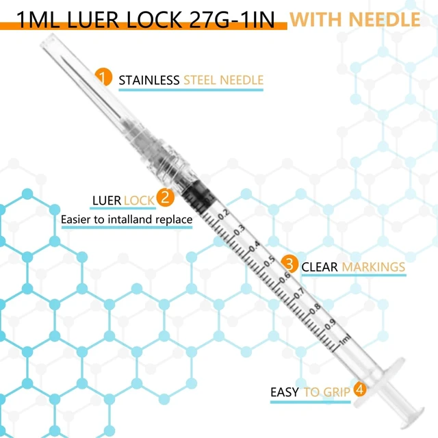 Alt view image 2 of 5 - 50 Pack Luer Lock 1ml 27Ga - 1 Inch Sample Measuring Syringe Lab Supplies, Individually Sealed Wrapped