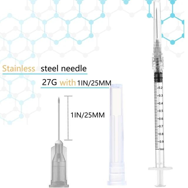 Alt view image 3 of 5 - 50 Pack Luer Lock 1ml 27Ga - 1 Inch Sample Measuring Syringe Lab Supplies, Individually Sealed Wrapped