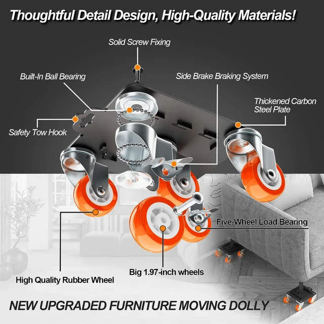 Alt view image 2 of 7 - Furniture Dolly 5 Wheels Heavy Duty with Removable Side Guards,3307 Lbs Capacity,360° Rotating Wheels & Side Brake,Furniture Movers Lifter Tool with Wheels for Appliances,Sofas,Beds,Pianos