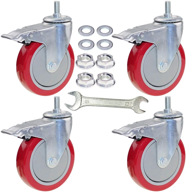 Main image of 5 Inch Heavy Duty Stem Casters 360 Degree Swivel Thread Wheels with Metric Size M12-1.75 Screw Bolt Double Locking Brake Castor Wheel Load Capacity Upto 1200 Lbs Pack of Four
