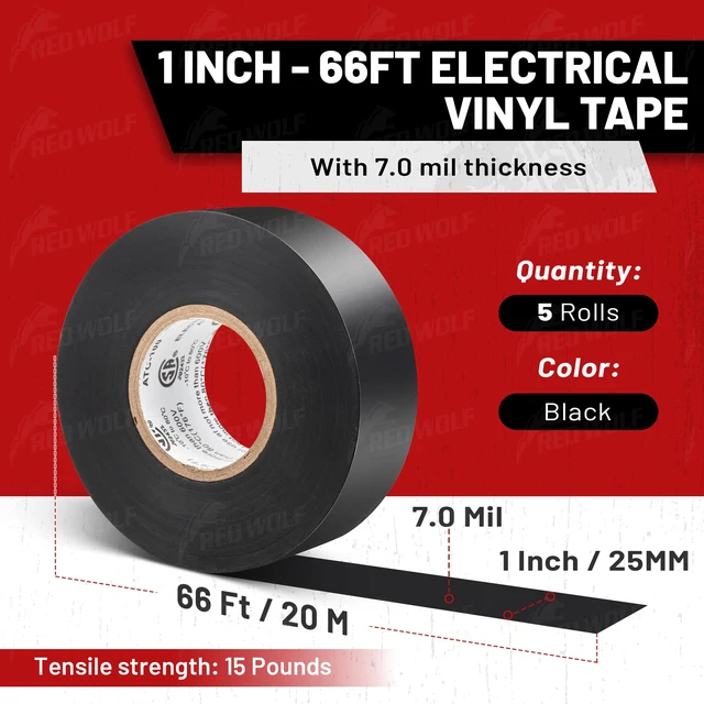 Alt view image 7 of 7 - 1" x 66Ft Vinyl Electrical Tape 5 Roll, UL CSA Listed PVC Electric Tape 7 Mil Thick Flame Retardant Strong Rubber Based Adhesive Tape Rated 600V for Electrical Automotive Application