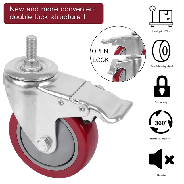 Alt view image 4 of 7 - 5 Inch Heavy Duty Stem Casters 360 Degree Swivel Thread Wheels with Metric Size M12-1.75 Screw Bolt Double Locking Brake Castor Wheel Load Capacity Upto 1200 Lbs Pack of Four