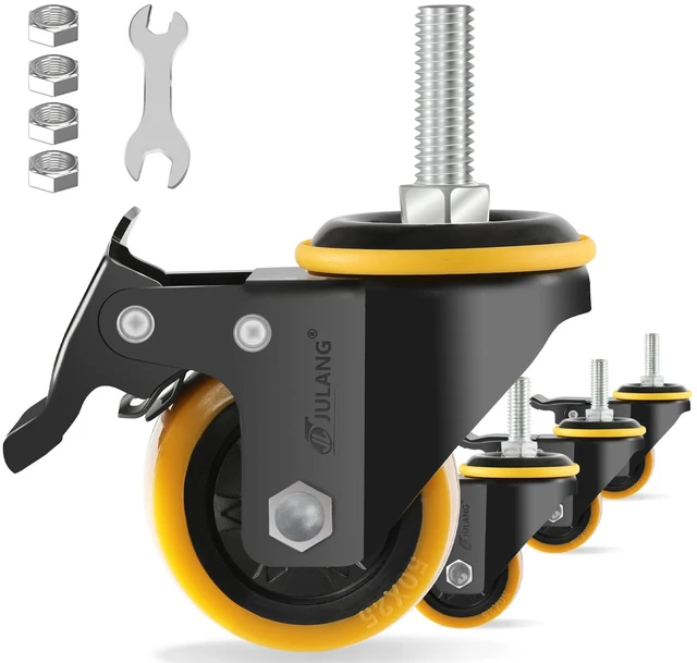 Main image of 2 inch Caster Wheels 3/8" Threaded Stem Casters Set of 4 Heavy Duty (4, orange, 2in (3/8"-16)), Dual Locking, Smooth & Quiet-Rolling, for Wire Shelving, Carts, Furniture