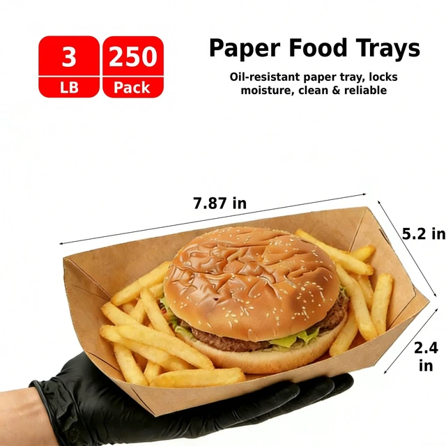Alt view image 2 of 6 - 250 Pack 3lb Paper Food Boats - Grease-Resistant Food Trays,Heavy-Duty Food Trays Disposable for Hot Dog,Hamburger,Sandwiches,Nacho,Fries,Onion Rings or Other Snacks