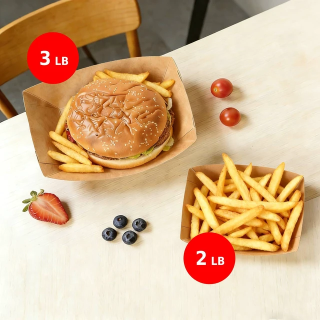 Alt view image 3 of 6 - 250 Pack 3lb Paper Food Boats - Grease-Resistant Food Trays,Heavy-Duty Food Trays Disposable for Hot Dog,Hamburger,Sandwiches,Nacho,Fries,Onion Rings or Other Snacks