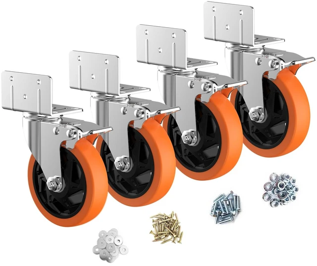 Main image of 5" L-Shaped Caster Wheels Set of 4, Side Mount Swivel Casters With Brake, Polyurethane Wheels, Non-Marking. 360° Double Ball Bearing. For Workbench, Shelving, Cart, Garage, Workshop