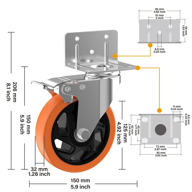 Alt view image 2 of 7 - 5" L-Shaped Caster Wheels Set of 4, Side Mount Swivel Casters With Brake, Polyurethane Wheels, Non-Marking. 360° Double Ball Bearing. For Workbench, Shelving, Cart, Garage, Workshop