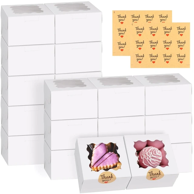 Main image of Cookie Boxes with Window, Small Bakery Boxes for Dessert Pastry 52 Pcs with Stickers, 4×4×2.5 in, White, Window Top, Packaging for Cinnamon Roll, Mini Cake, Baked Goods, Goodie Candy
