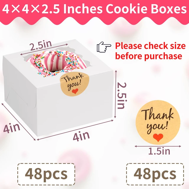 Alt view image 2 of 7 - Cookie Boxes with Window, Small Bakery Boxes for Dessert Pastry 52 Pcs with Stickers, 4×4×2.5 in, White, Window Top, Packaging for Cinnamon Roll, Mini Cake, Baked Goods, Goodie Candy