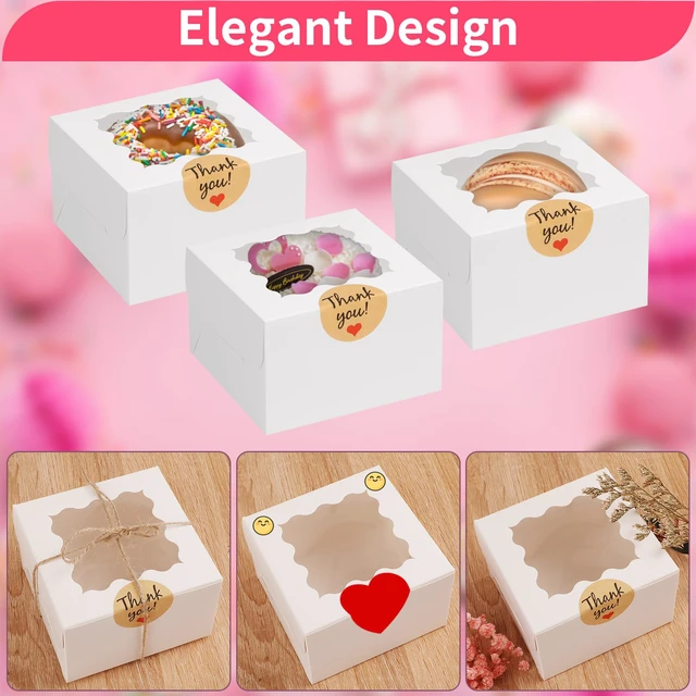 Alt view image 3 of 7 - Cookie Boxes with Window, Small Bakery Boxes for Dessert Pastry 52 Pcs with Stickers, 4×4×2.5 in, White, Window Top, Packaging for Cinnamon Roll, Mini Cake, Baked Goods, Goodie Candy
