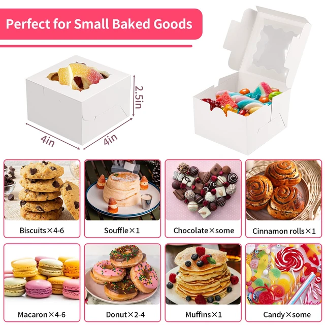 Alt view image 4 of 7 - Cookie Boxes with Window, Small Bakery Boxes for Dessert Pastry 52 Pcs with Stickers, 4×4×2.5 in, White, Window Top, Packaging for Cinnamon Roll, Mini Cake, Baked Goods, Goodie Candy