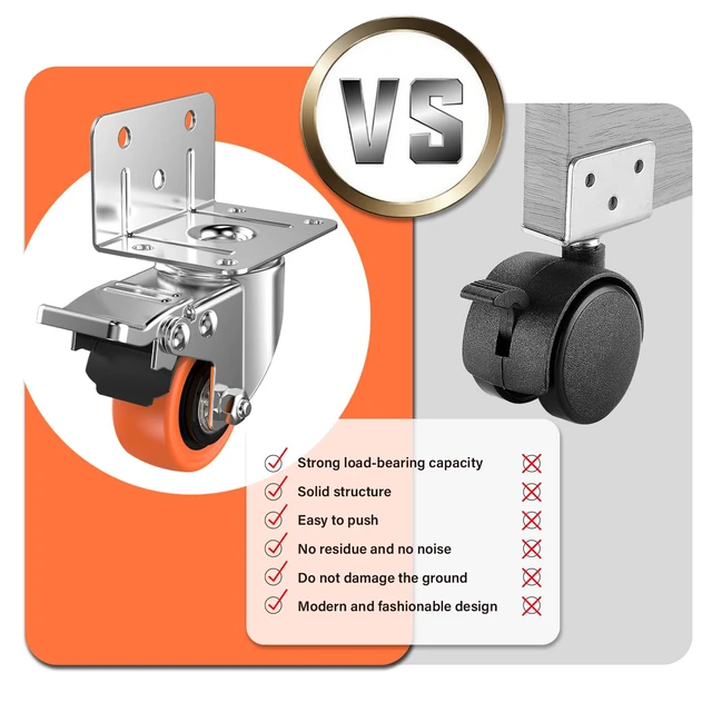 Alt view image 6 of 7 - 5" L-Shaped Caster Wheels Set of 4, Side Mount Swivel Casters With Brake, Polyurethane Wheels, Non-Marking. 360° Double Ball Bearing. For Workbench, Shelving, Cart, Garage, Workshop