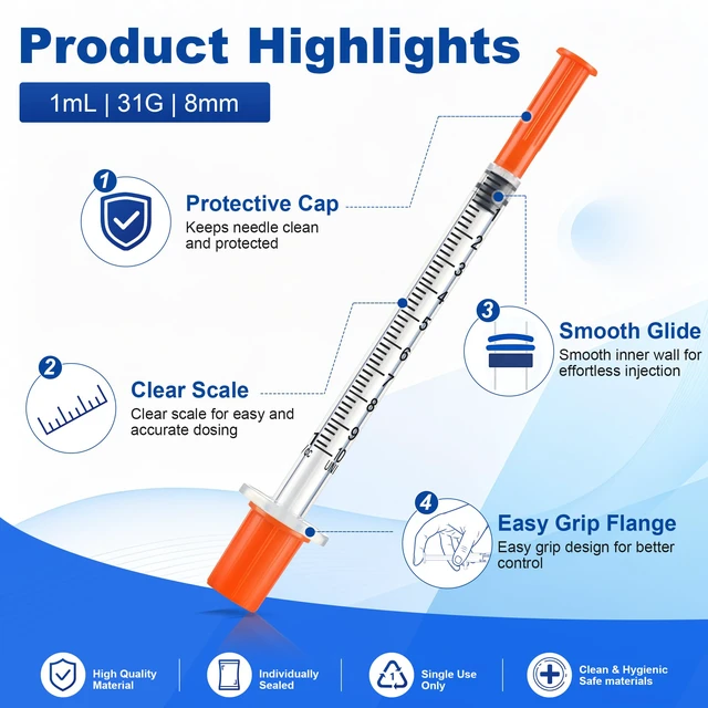 Alt view image 4 of 5 - 100 Pack 1 ml/cc Syrings, 31G x 5/16 (8mm),Individually Wrapped Single-Use Design | Easy-to-Read Scale | Leak-Resistant Plunger | Reliable Dispensing | Multi-Purpose Applications