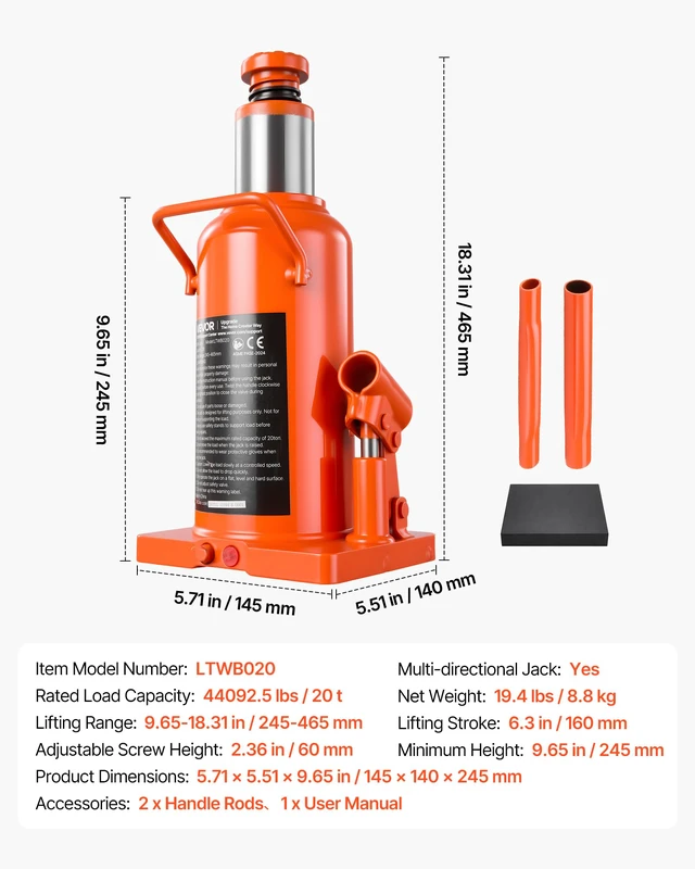 Alt view image 7 of 7 - Hydraulic Bottle Jack 20 Ton (44092.5 lbs) 9.65"-18.31" Lifting Range For Construction Vehicle, Heavy-Duty Truck, Bus, Auto Repair and House Lift, Multi-Directional Welded Jack with Long Handle