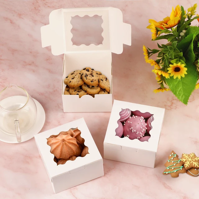Alt view image 6 of 7 - Cookie Boxes with Window, Small Bakery Boxes for Dessert Pastry 52 Pcs with Stickers, 4×4×2.5 in, White, Window Top, Packaging for Cinnamon Roll, Mini Cake, Baked Goods, Goodie Candy