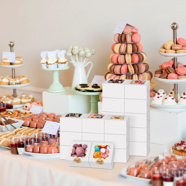 Alt view image 7 of 7 - Cookie Boxes with Window, Small Bakery Boxes for Dessert Pastry 52 Pcs with Stickers, 4×4×2.5 in, White, Window Top, Packaging for Cinnamon Roll, Mini Cake, Baked Goods, Goodie Candy
