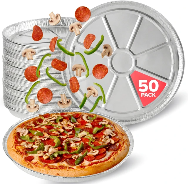 Main image of 12 Inch Aluminum Pizza Pans Disposable (50 Pack) Round Foil Focaccia Pan for Individual Personal Pizzas, Giant Size Chocolate Chip Cookie Cake Tin, Large Serving Trays, Platter Tray