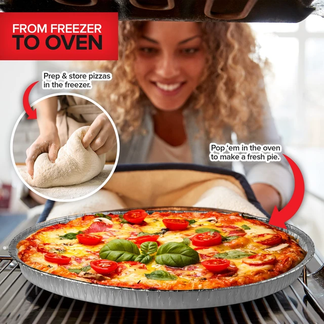 Alt view image 5 of 7 - 12 Inch Aluminum Pizza Pans Disposable (50 Pack) Round Foil Focaccia Pan for Individual Personal Pizzas, Giant Size Chocolate Chip Cookie Cake Tin, Large Serving Trays, Platter Tray