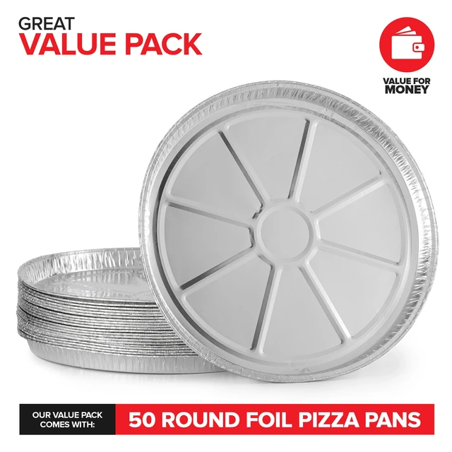 Alt view image 2 of 7 - 12 Inch Aluminum Pizza Pans Disposable (50 Pack) Round Foil Focaccia Pan for Individual Personal Pizzas, Giant Size Chocolate Chip Cookie Cake Tin, Large Serving Trays, Platter Tray