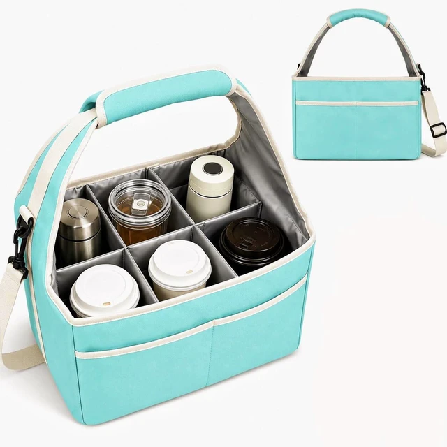 Main image of Reusable Drink Carrier Tote Bag with Handle Family Size 6 Compartment Water Bottle Holder with Adjustable Shoulder Strap & Removable Dividers Multiple Tumbler Caddy for Car,Delivery,Family Outings