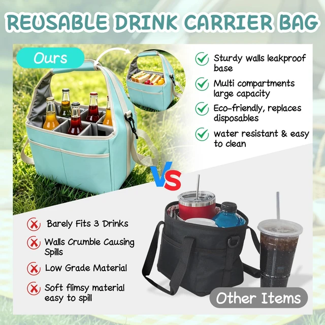 Alt view image 5 of 7 - Reusable Drink Carrier Tote Bag with Handle Family Size 6 Compartment Water Bottle Holder with Adjustable Shoulder Strap & Removable Dividers Multiple Tumbler Caddy for Car,Delivery,Family Outings