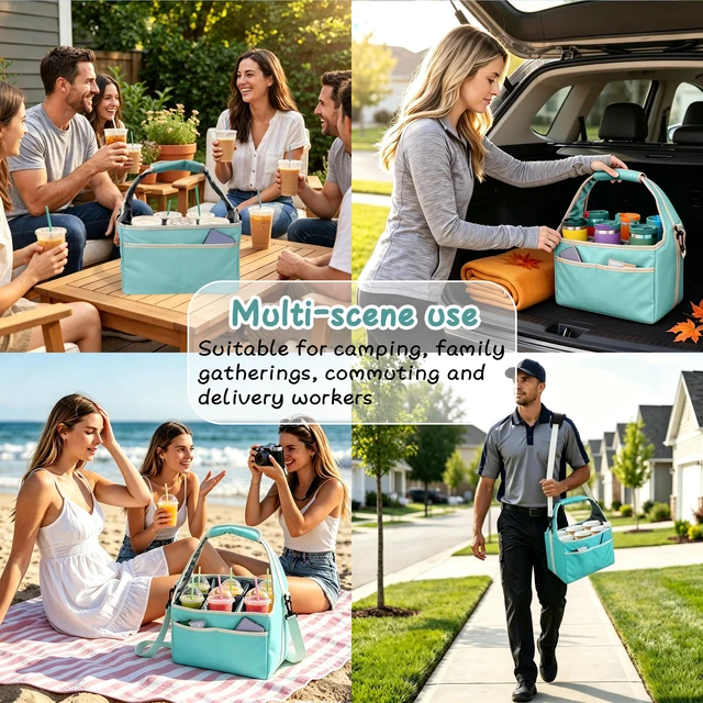 Alt view image 7 of 7 - Reusable Drink Carrier Tote Bag with Handle Family Size 6 Compartment Water Bottle Holder with Adjustable Shoulder Strap & Removable Dividers Multiple Tumbler Caddy for Car,Delivery,Family Outings
