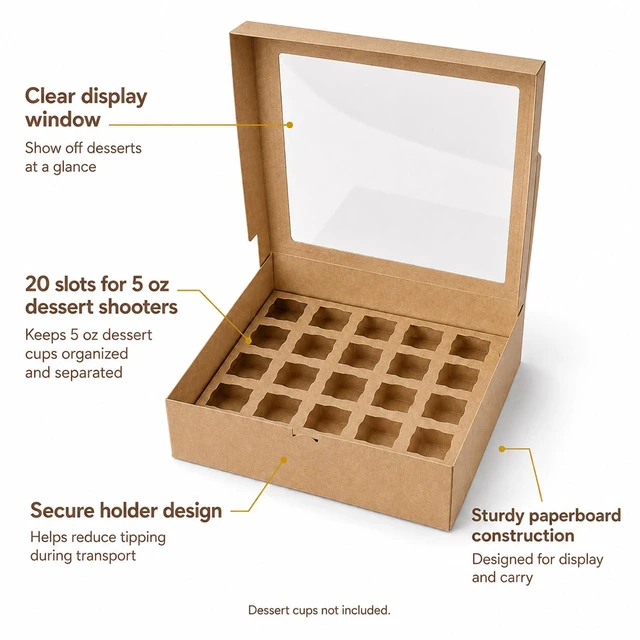 Alt view image 5 of 7 - Dessert Shooter Boxes 5 Pack, Each Box Holds 20 Count 5 oz Dessert Shooter Cups, Food-Grade Dessert Cup Holder Boxes with Inserts, Dessert Shooter Box Packaging for Parties, Catering (Brown)