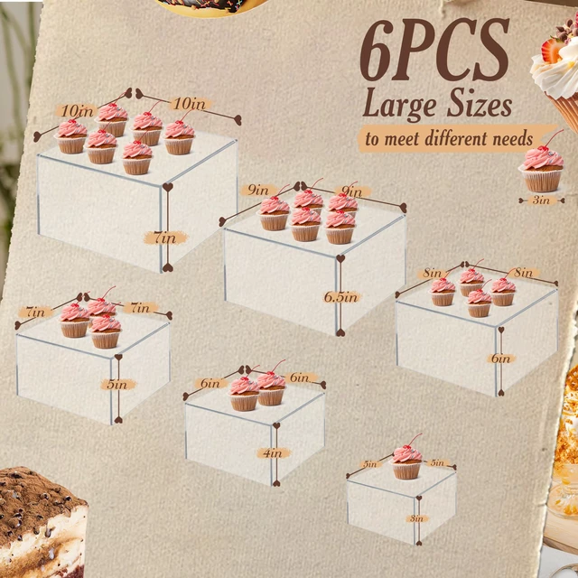 Alt view image 2 of 7 - 6 PCS Buffet Risers, Large Food Risers for Buffet Table, Dessert Display Food Display Risers for Party, Acrylic Boxes Dessert Table Display, Risers Display Stands (10" 9" 8" 7" 6" 5", Transparent)