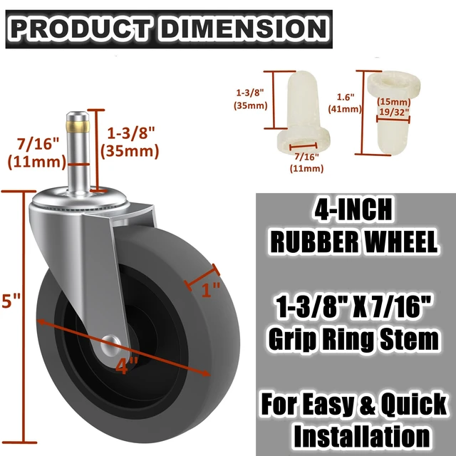 Alt view image 2 of 7 - 4-Inch Swivel Stem Caster for Rubbermaid Mop Bucket Utility Cart, 7/16-Inch Stem Diameter Rubber Wheel Set of 4, Heavy Duty TPR Weber Grills Shop Vac Replacement Wheels