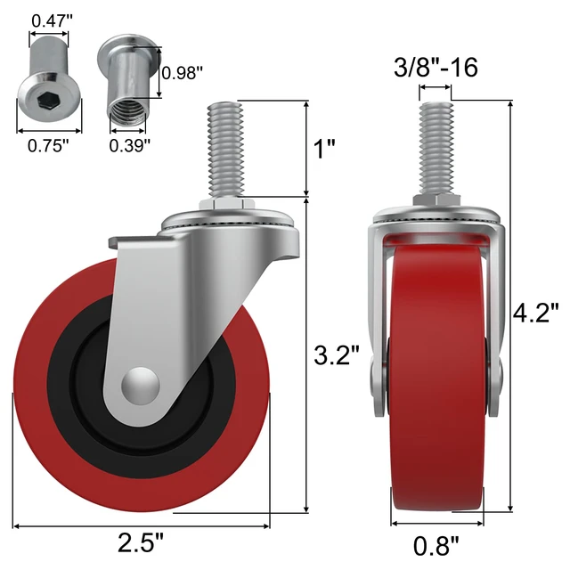 Alt view image 2 of 7 - 12 Pack Creeper Wheels 2.5 Inch Heavy Duty Swivel Caster Wheel Creeper Service Cart Stool Post Mount, M10 (Around 3/8") x 1" Metric Threaded Stem Casters Wheels Replacement