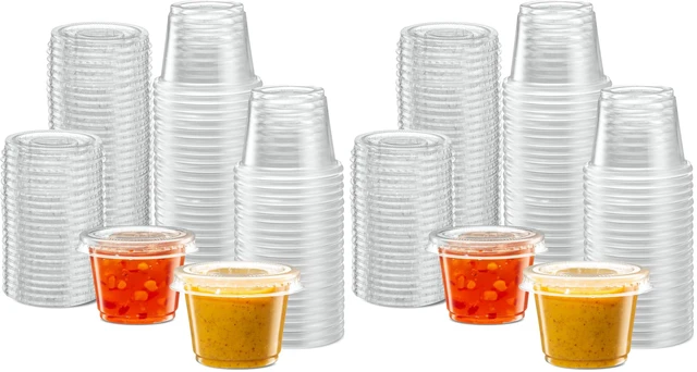Main image of (1 oz - 100 Sets Clear Diposable Plastic Portion Cups With Lids, Small Mini Containers For Portion Controll, Jello Shots, Meal Prep, Sauce Cups, Slime, Condiments, (Pack of 2)