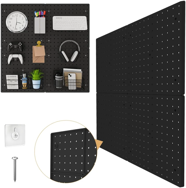 Main image of Plastic Pegboard Wall Organizer Kit, 12x12, 4 Pack, Black Durable ABS material, compatible with 1/4"and 1/8" pegboad accessories, includes adhesive or drill installation accessories