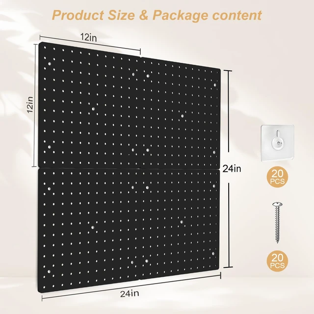 Alt view image 2 of 7 - Plastic Pegboard Wall Organizer Kit, 12x12, 4 Pack, Black Durable ABS material, compatible with 1/4"and 1/8" pegboad accessories, includes adhesive or drill installation accessories